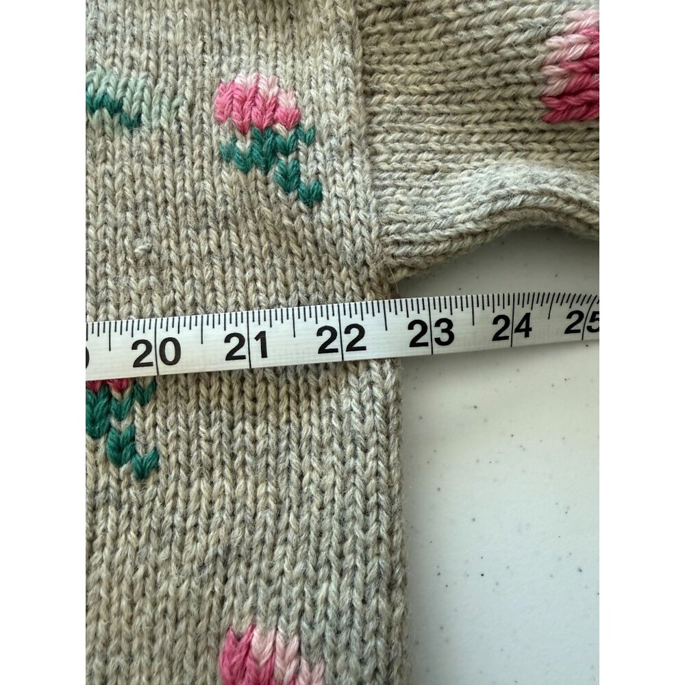 Vintage Eagles Eye Womens M Cardigan Wool Floral Tan Blue Pink Button Up Sweater - Picture 12 of 16